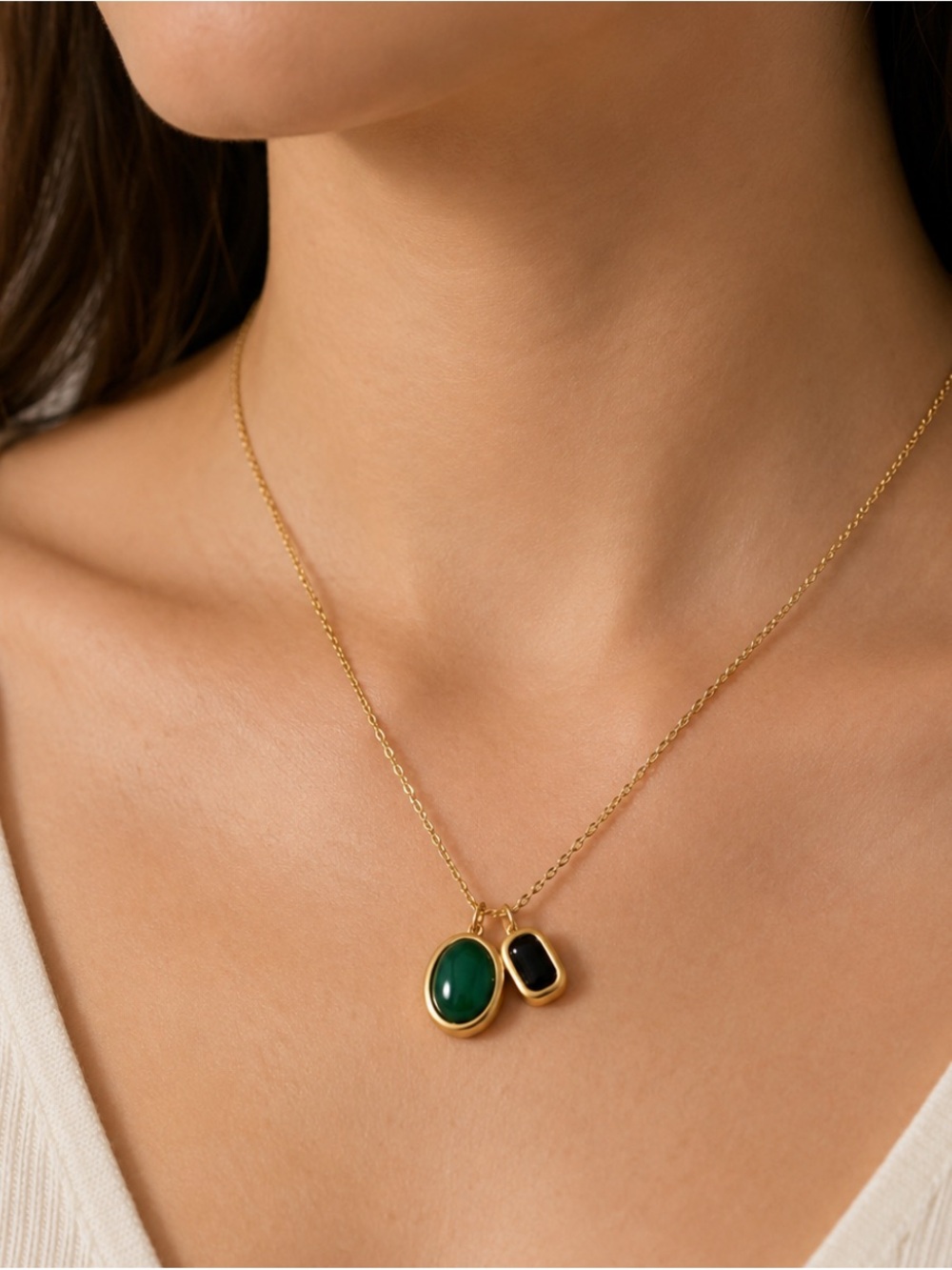 Gold Plated Dual Charm Pendant Necklace | Green & Black Stone